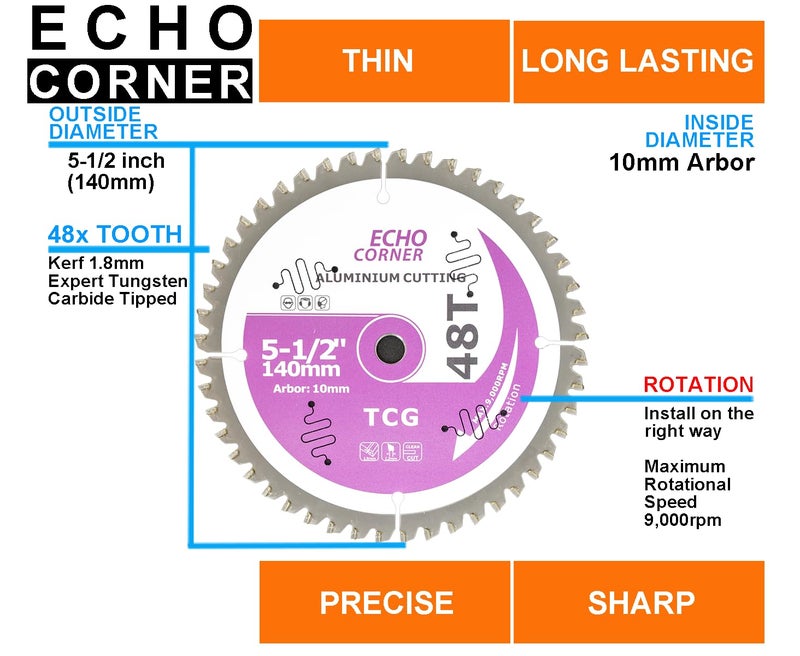 Echo Corner 5-1/2 Inch (10mm Arbor) Aluminum Cutting Circular Saw Blade, Fast Dry Cool Clean Cut Off Non-Ferrous Metal Plate/Sheet/Tube, Polycarbonate, Plastics, MDF, TCG 48-Tooth - Image 2